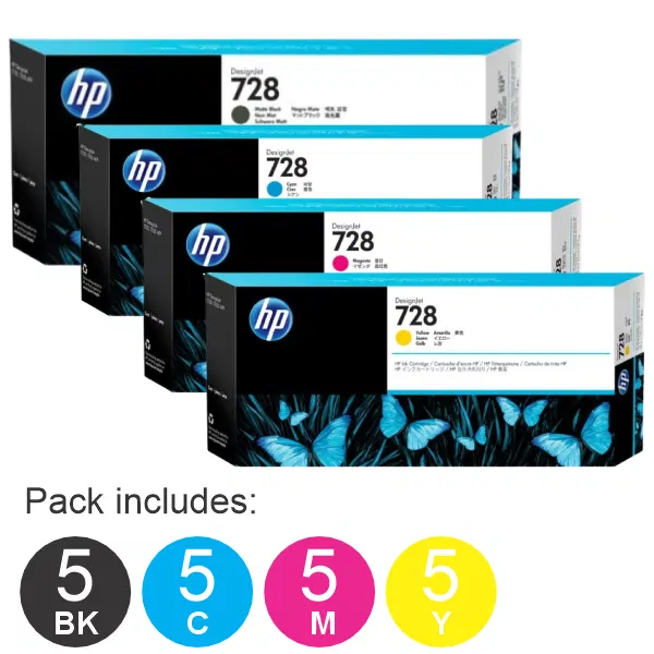 20 Pack - HP #728 (5MBK,5C,5M,5Y) Ink Cartridges - MBK-300ml & CMY-130ml 3WX30A,F9J67A,F9J66A,F9J65A