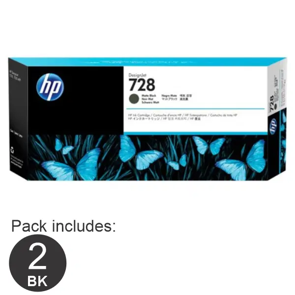 2 x HP #728 Matte Black Ink Cartridge - 130ml 3WX26A