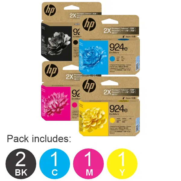 5 Pack - HP #924 EvoMore (2BK,1C,1M,1Y) Ink Cartridges 4K0V0NA,4K0U7NA,4K0U8NA,4K0U9NA