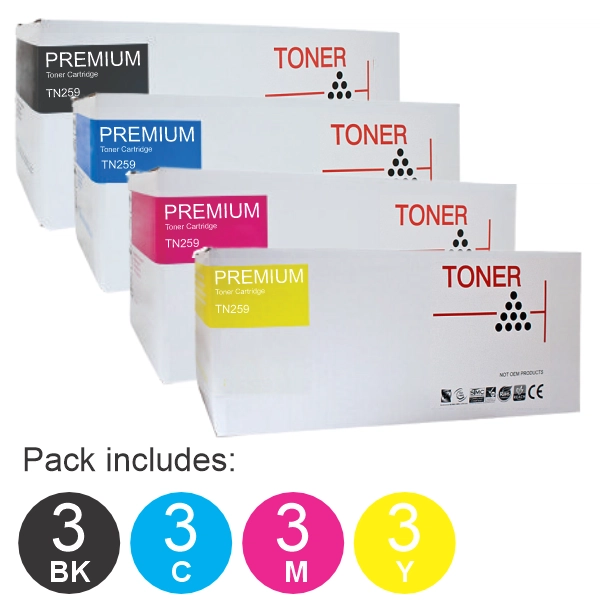 12 Pack Compatible Brother TN259 (3BK,3C,3M,3Y) Toner Cartridges
