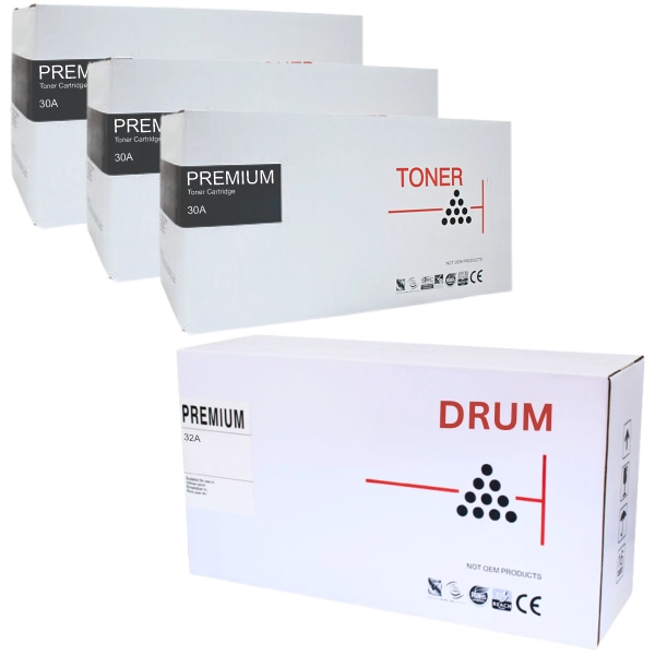 Compatible HP #32A Imaging Drum Unit & 3 x Compatible HP #30A Black Toner Cartridge