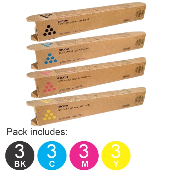12 Pack Ricoh SPC4300DN (3BK,3C,3M,3Y) Toner Cartridges