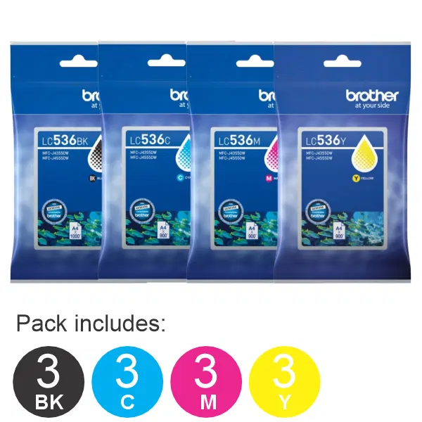 12 Pack - Brother LC536 (3BK,3C,3M,3Y) Ink Cartridges