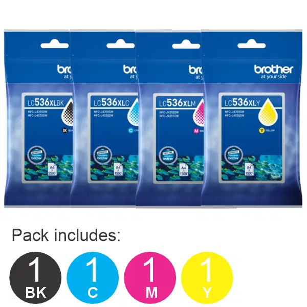 4 Pack - Brother LC536XL (1BK,1C,1M,1Y) High Yield Ink Cartridges