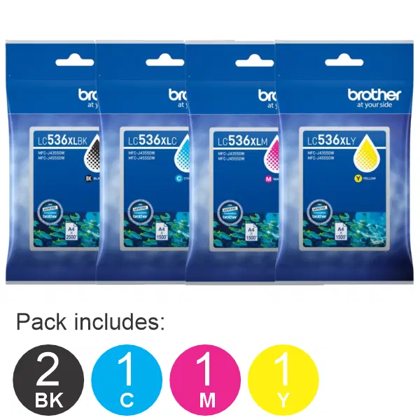 5 Pack - Brother LC536XL (2BK,1C,1M,1Y) High Yield Ink Cartridges