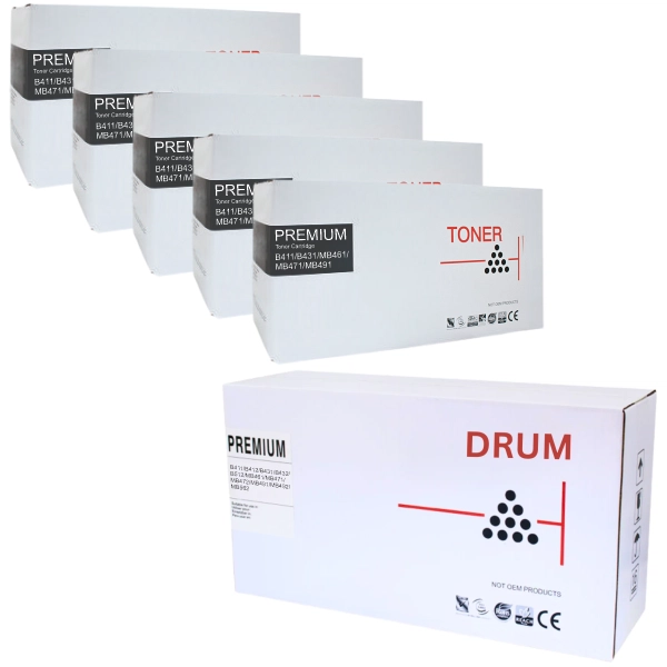 Compatible OKI B431 Drum Unit & 5 x Compatible OKI B411/B431 Black Toner Cartridge