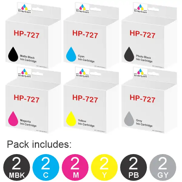 12 Pack - Compatible HP #727 (2MBK,2PBK,2C,2M,2Y,2GY)