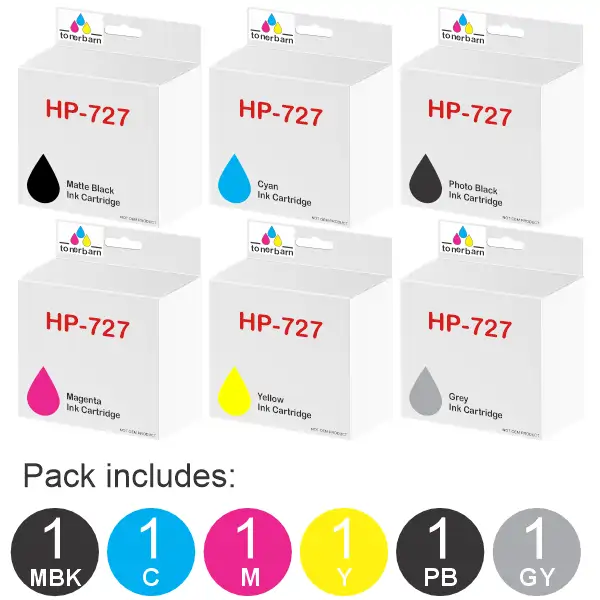 6 Pack - Compatible HP #727 (1MBK,1PBK,1C,1M,1Y,1GY)
