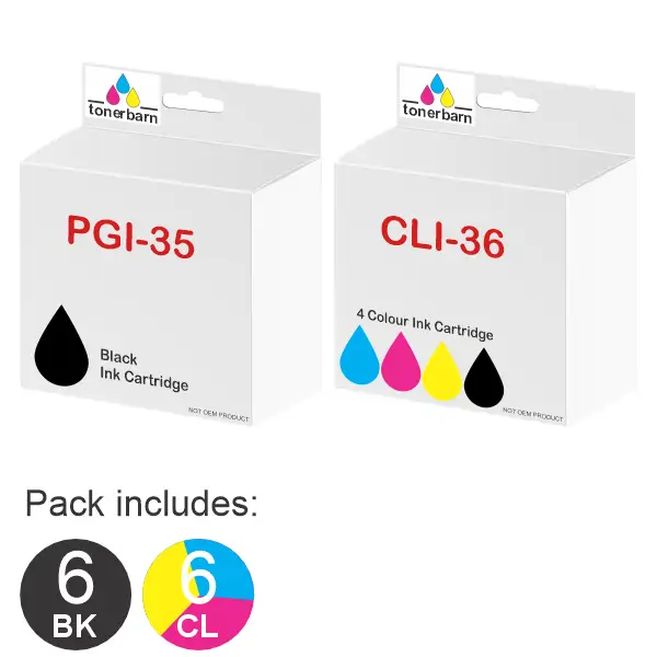 12 Pack - Compatible Canon 6 x PGI35 & 6 x CLI36 Ink Cartridges PGI35BK, CLI36C