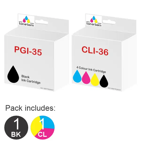 2 Pack - Compatible Canon PGI35 & CLI36 Ink Cartridges PGI35BK, CLI36C