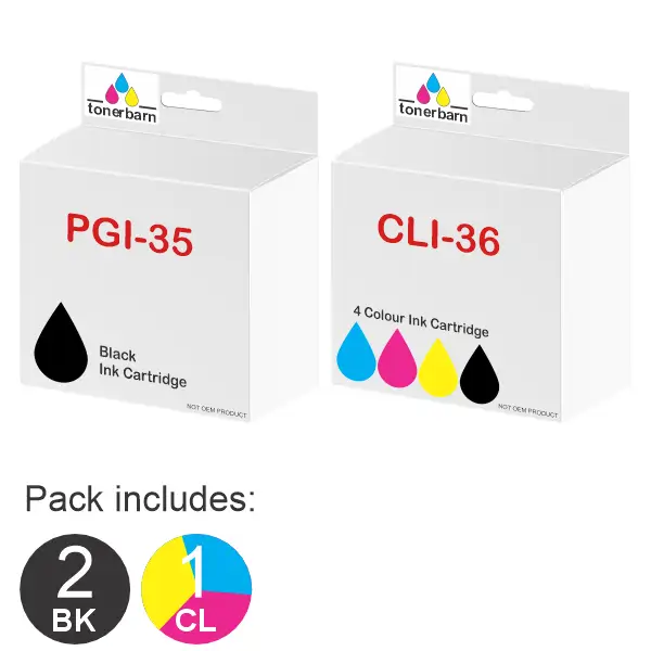 3 Pack - Compatible Canon 2 x PGI35 & 1 x CLI36 Ink Cartridges PGI35BK, CLI36C