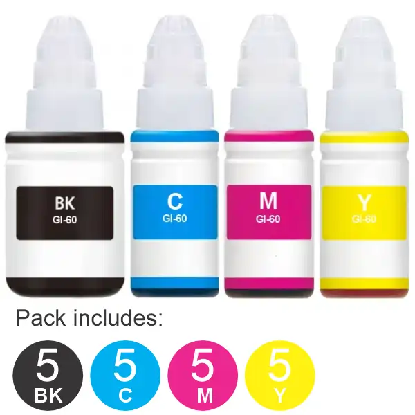 20 Pack – Compatible Canon GI60 (5BK,5C,5M,5Y) Ink Bottles GI60 Value Pack